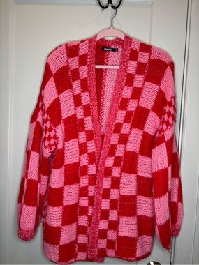Baevely Red & Pink Checker Knit Open-Front Cardigan